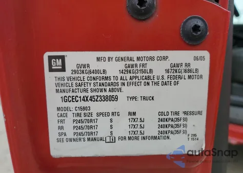 2005 Chevrolet Silverado C1500 z USA, uszkodzony, nr VIN 1GCEC14X45Z338059